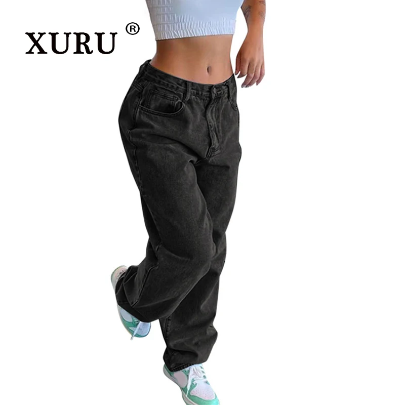 XURU - New Women's Retro Loose Jeans, Y2k Clothing Hip Lifting Blue Black Long Jeans, Men's Pants