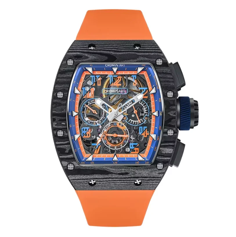 

CRONUSART Мужские часы-хронограф 50 мм * 42 мм Tonneau Автоматические механические наручные часы Корпус из углеродного волокна Светящийся ремешок из фторкаучука