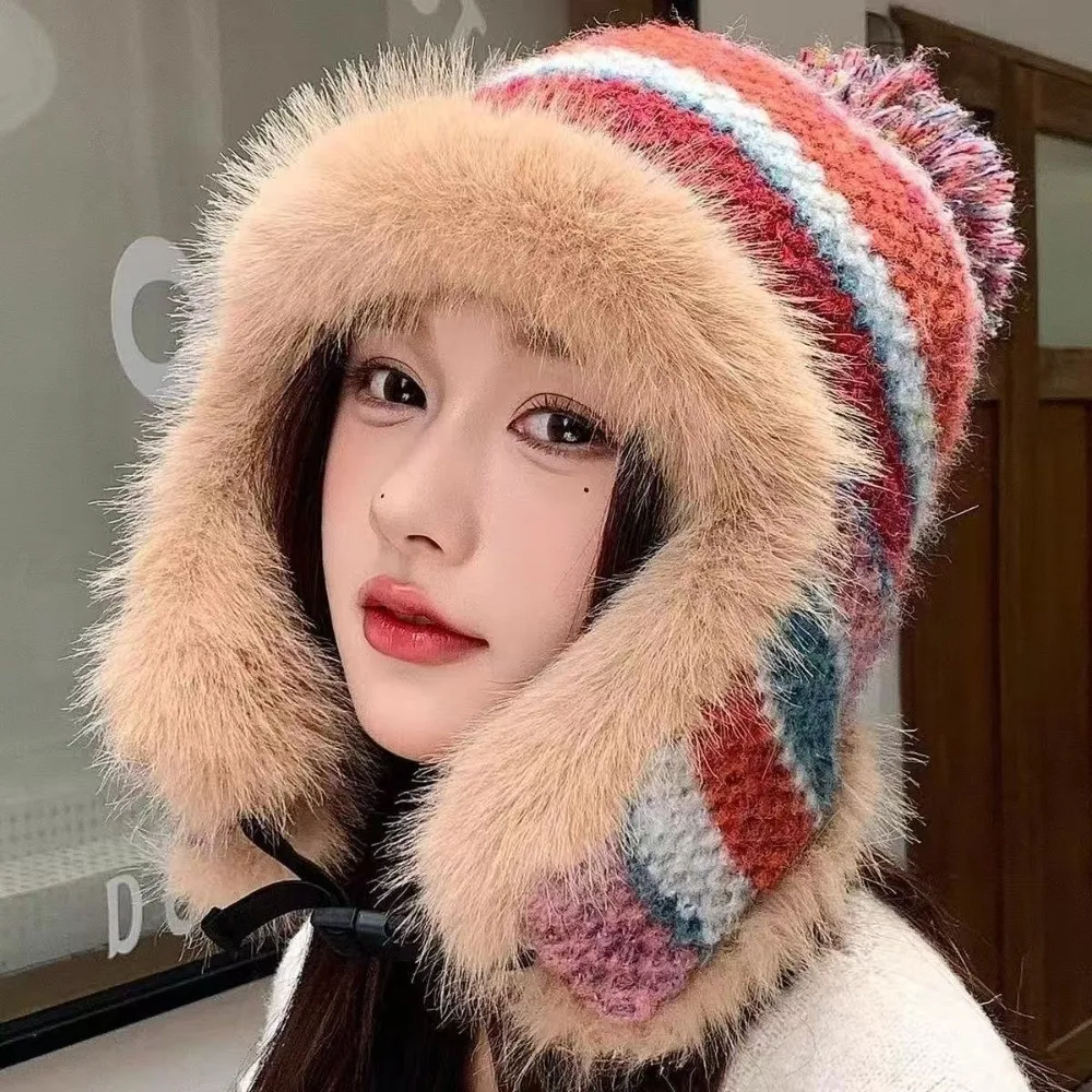 Polyester Striped Trapper Hat 54cm to 60cm Head Circumference Pom Pom Colorful Winter Hat Earflap Warm Ear Protection Hat
