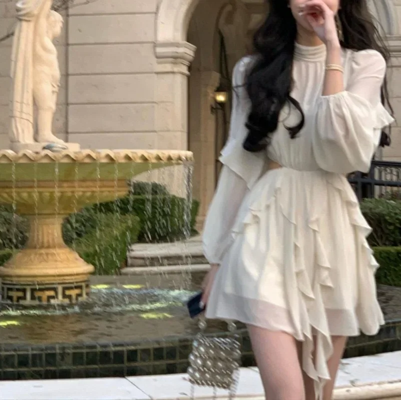 

Beach Style Chiffon Y2k Mini Dress Summer Casual Long Sleeve Elegant Ruffled Dresses Korean Bohemian Fashion Clothing Платье 원피스