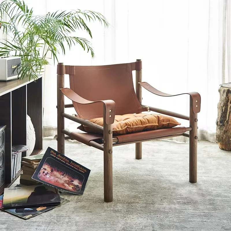 

Household living room single leisure chair Danish solid wood saddle leather designer