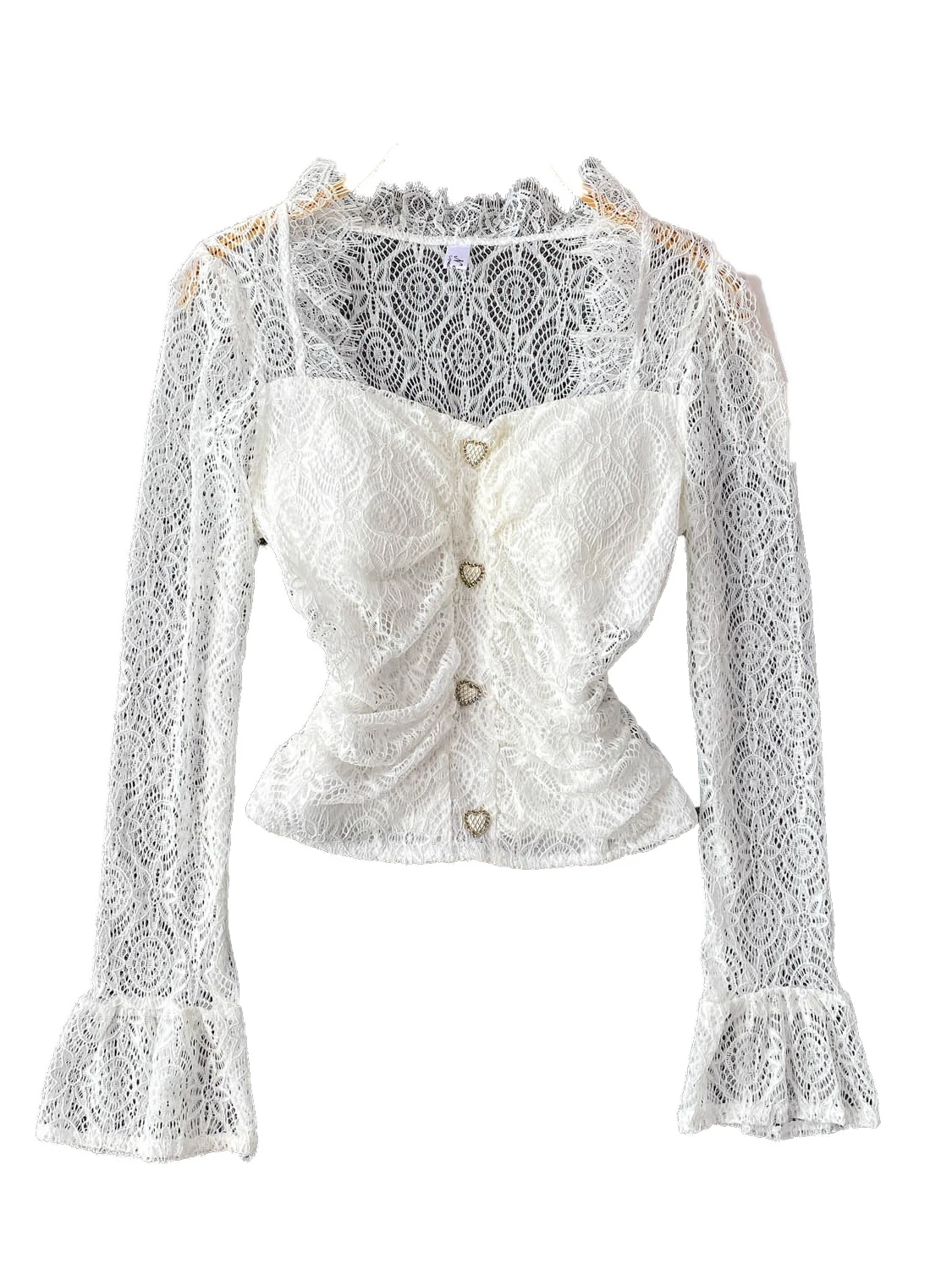 Pure Desire Sexy Women's Lace irt Square Collar Bell Sve ort Slim Fit with Chest Pad Korean Sle Commute Faion