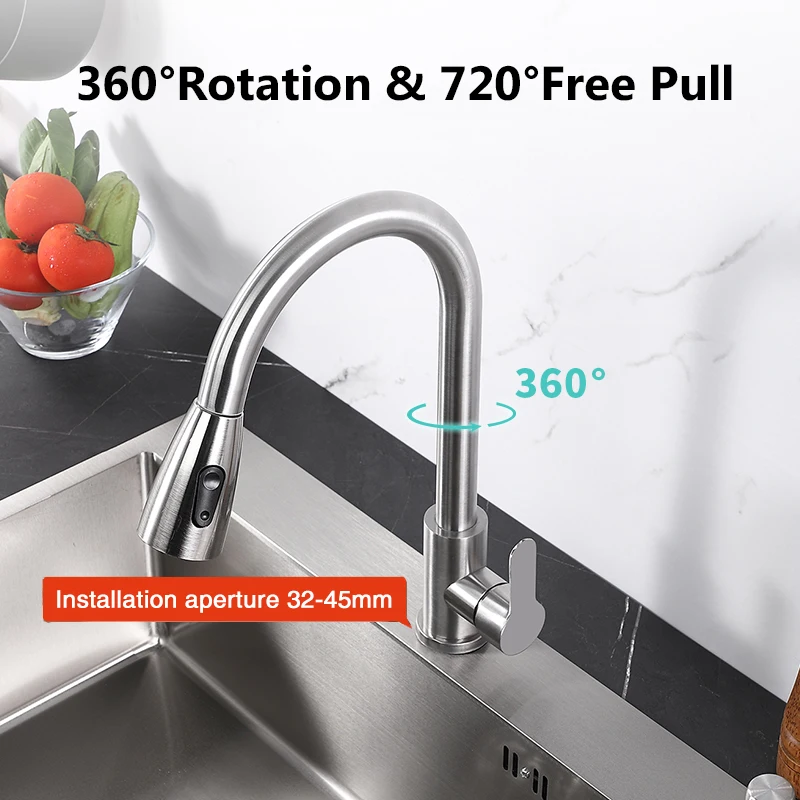 Pull-out Midnight Black Stainless Steel Kitchen Sink Faucet Single Hole Hot And Cold Water Mixer Deck Mounted Tap