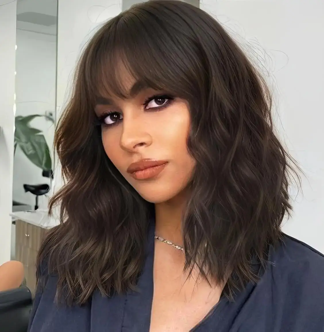 

HAIR Натуральный коричневый синтетический вьющийся волнистый парик боб с челкой для женщин # Цвет: HY-751-6, Оптовая покупка: 1 шт.