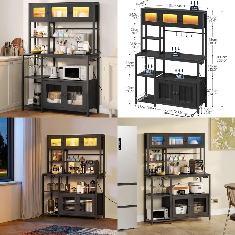 رف الخبازين مع مخرج طاقة وإضاءة LED، حامل ميكروويف 45.3 بوصة مع أرفف تخزين، خزانة بار القهوة مع رف النبيذ #1