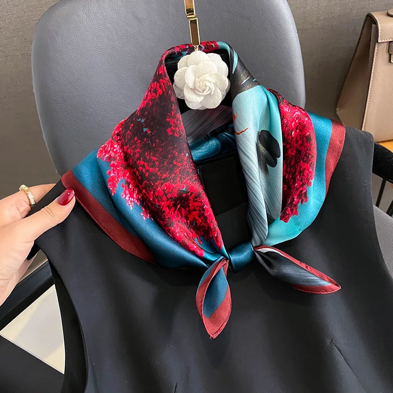 Flower 100% Real Silk Scarf Women Small Luxury Brand Handkerchiefs Hair Ribbon Headband Design Square Neckerchief Female Bandana