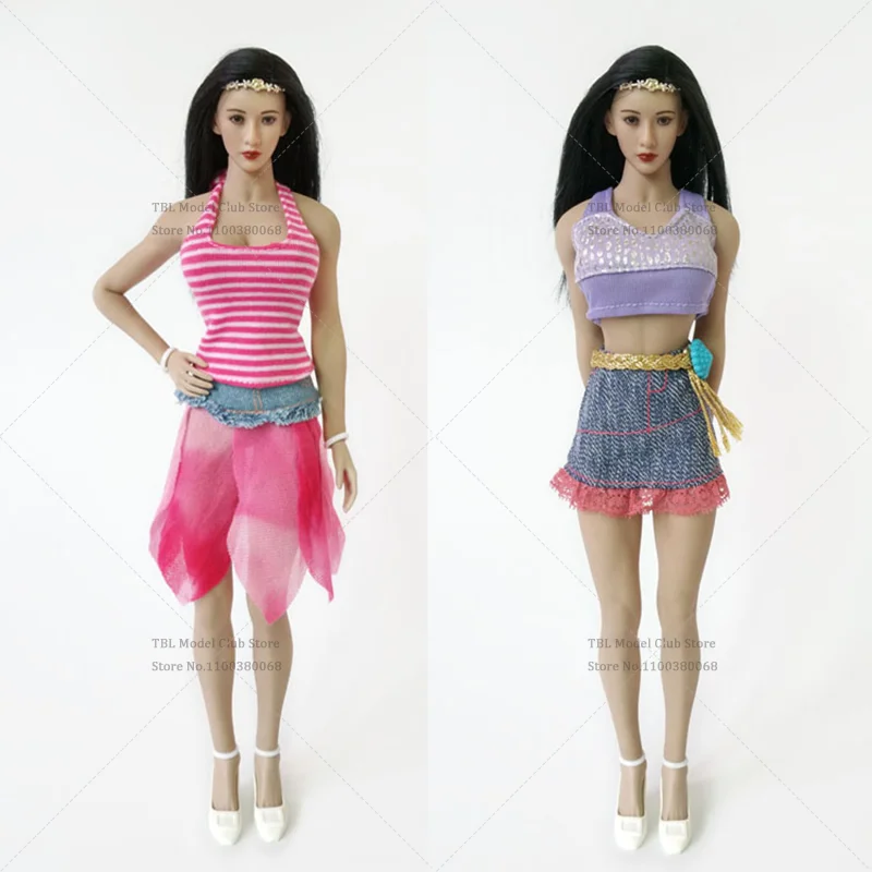 1/6 Scale Female Clothes  Strapless Tops T-shirt Elastic Dress Cowboy Petal Skirt For 12-inch PHICEMS21B  Action Figure Soldier