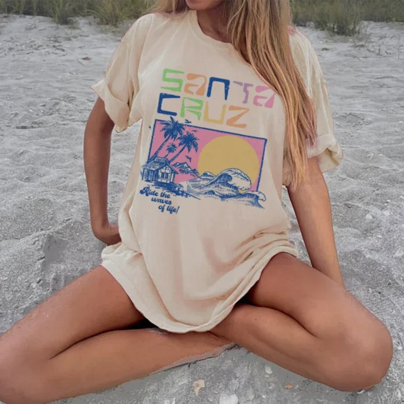 Santa Cruz Women Oversized Ocean Beach T-Shirts Vintage Surf T Shirt Vsco Aesthetic Summer Vacation Tops Unisex Fashion Clothes