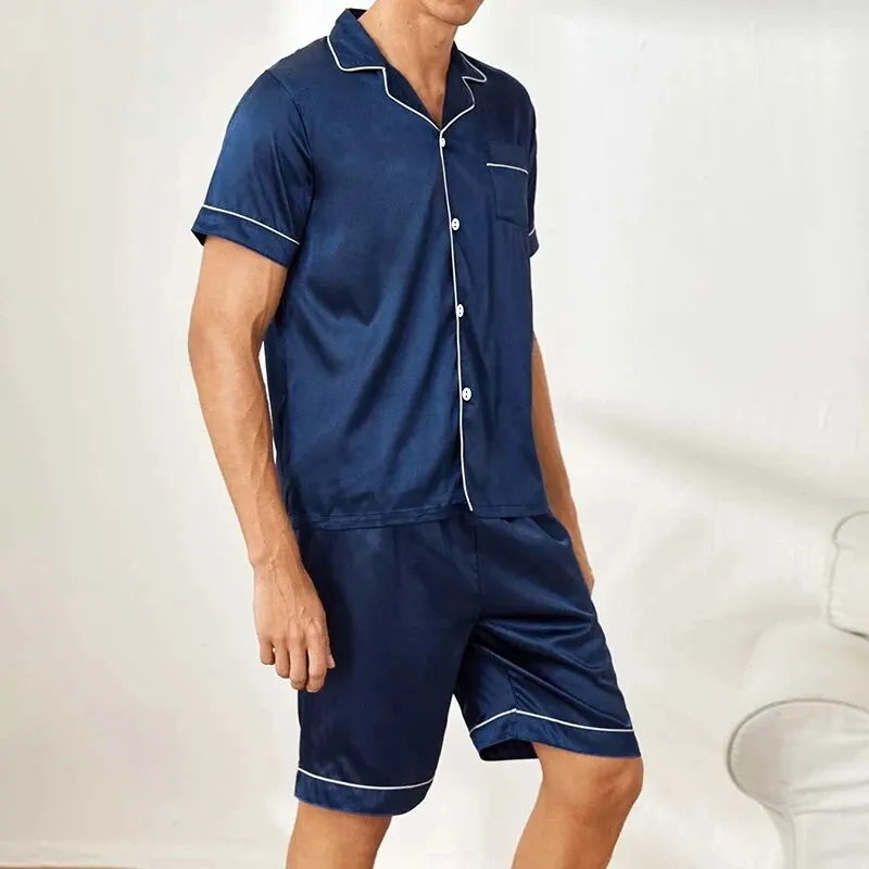 New Men\'s Satin Pajama Set For Summer Casual Pijama Button Down Pocket Short Sleeve Shirt With Shorts Loungewear Sleepwear Set