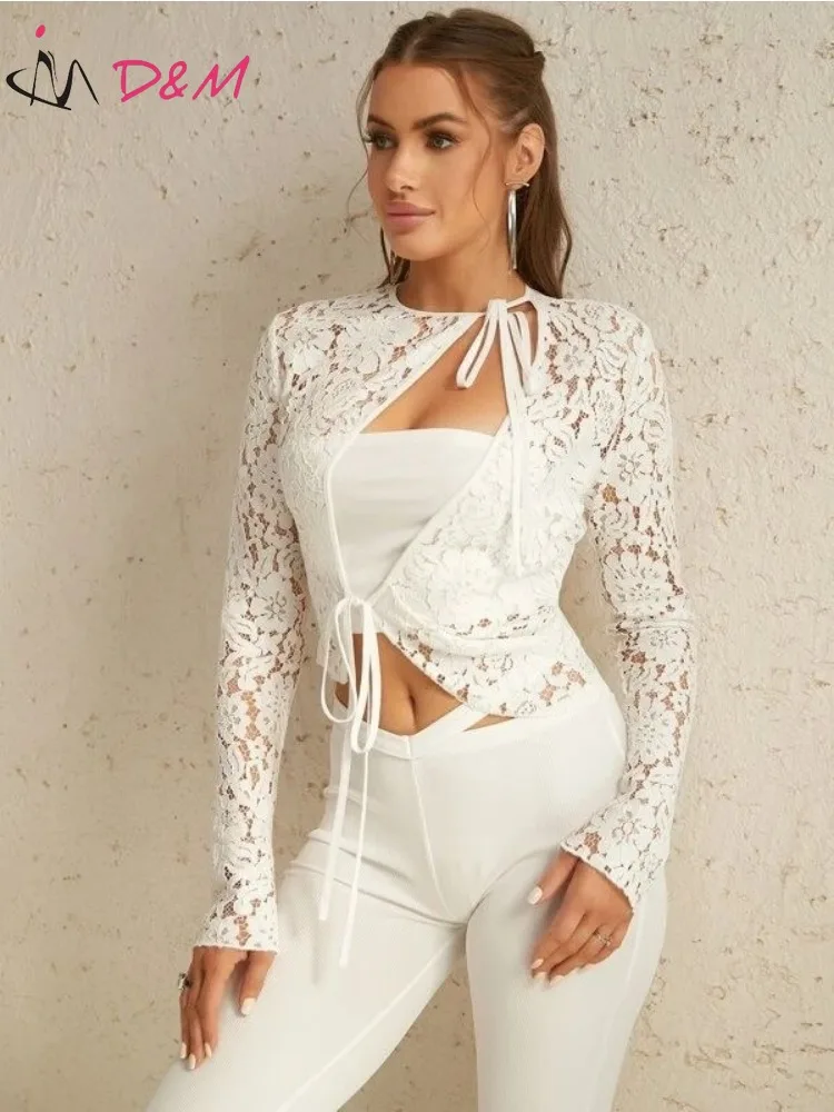 D&M Women Top Elegant Long Sleeves Tie Front Cut Out Lace Tops Without Tube Crop Top Sexys White Spring and Summer Y2k Tops