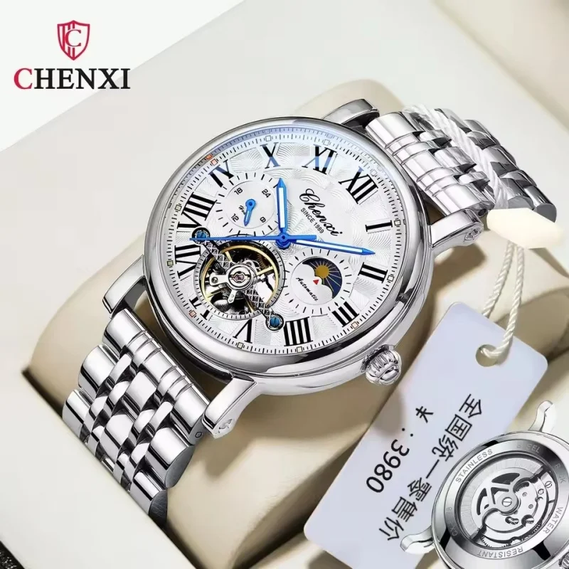 CHENXI 8873 Reloj mecánico totalmente automático avanzado de lujo para hombre, volante hueco, luz nocturna, reloj impermeable para hombre, regalo diario