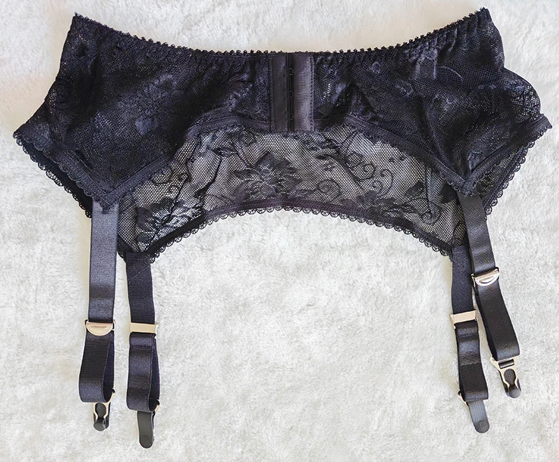 Elegante lencería de encaje negro completo con bordado liso hueco, tirantes anchos ajustables, clips metálicos para liguero, ...