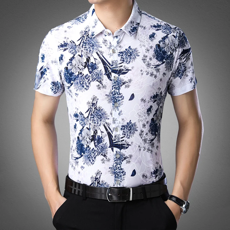 

Blue Floral Print Silky Shirts For Men Short Sleeve Coolness Icy Summer Quality Smooth Comfortable Beach Style Camisas De Hombre