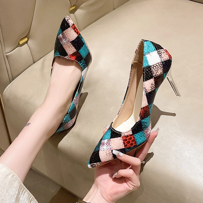 Printing Fashion Plus Size High Heels Black Red Green Color Block Trend Women\'s Shoes Pointed Stiletto Heel Banquet Shoes