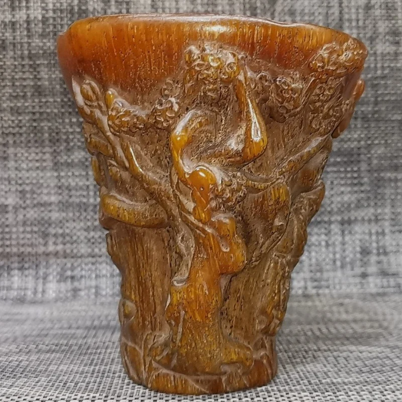Vintage Hand Carved Ox Horn Cup - Natural Horn Wine Bowl with Historical Figures & Plum Blossom Relief, Antique Drinking Vessel