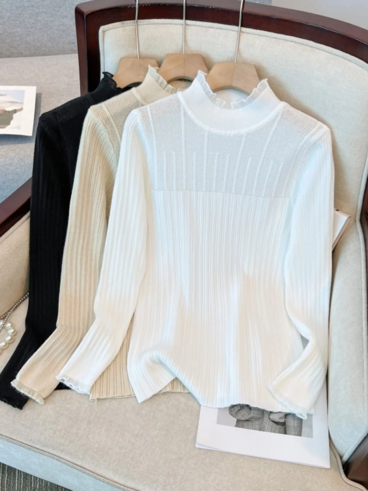 

plus Size Spring New Pure Color High Neck Knitted Lace Base Shirt Slimming Long Sleeve Top for Plump Women Korean Style Loose...
