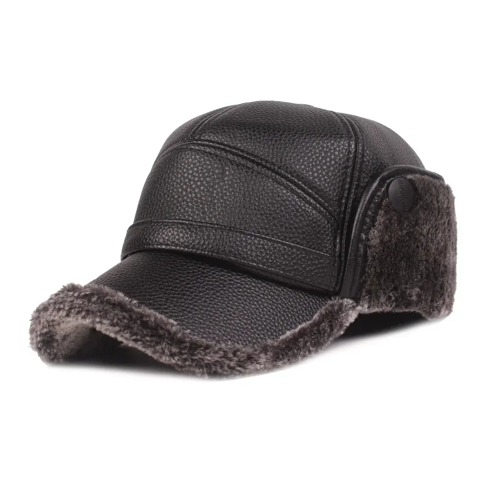 2024 New Winter Mens Leather Cap Warm Baseball Cap with Ear Flaps Thick Fur Caps for Winter Bomber Hats