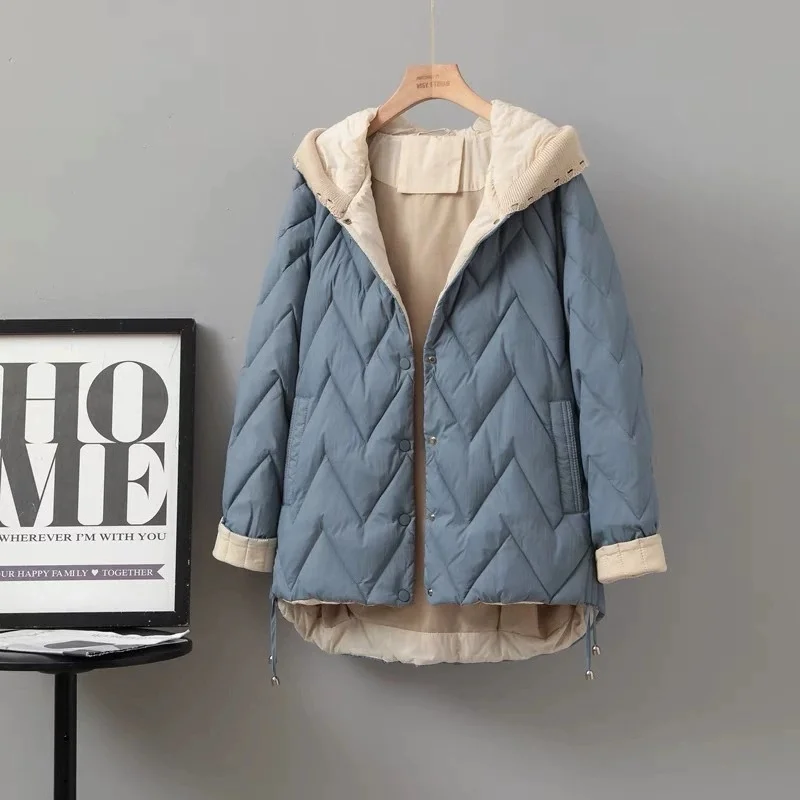 Winter Knitted Patchwork Hooded Down Coat Women Warm Thick White Duck Down Jacket Parkas Ladies Single Breasted Short Outwears
