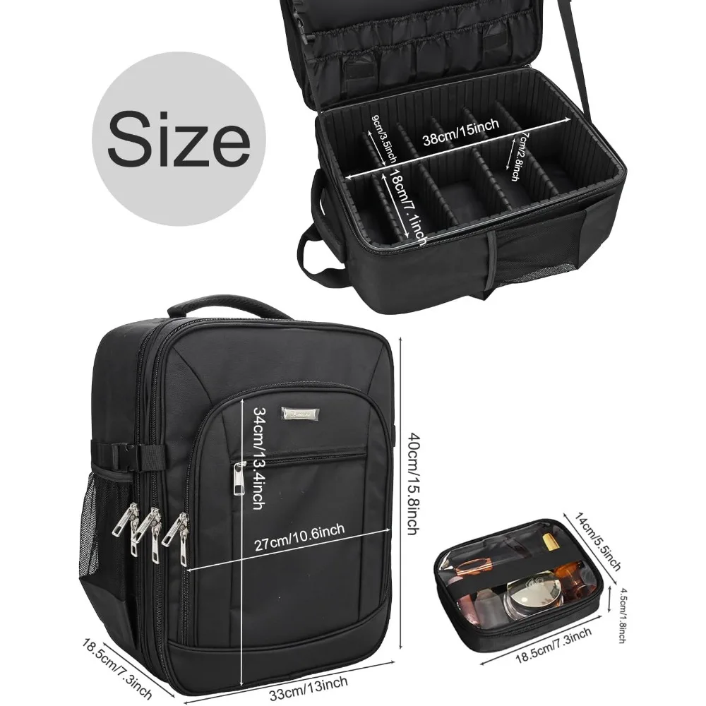 Professional Makeup Artist Backpack Extra Large Cosmetic Bag Travel Case Double Layer Storage Organizer with 4 Pouch Black