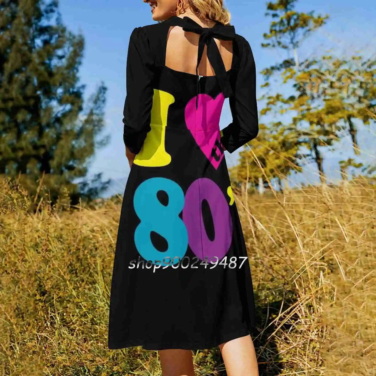 Eu amo o 80s camisa alargamento vestido de pescoço quadrado vestido elegante moda feminina vestido impresso eu amo o 80s