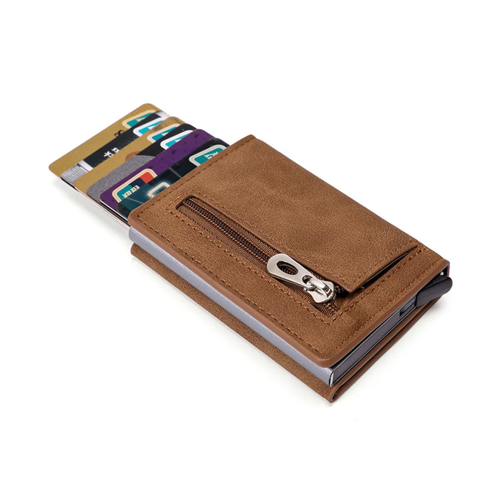 Men Wallet RFID Card Holder Wallet 2023 Antitheft Aluminum Box Card Holder PU Leather Pop Up Card Case Magnet Coin Purse