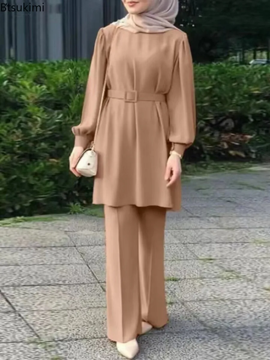 2024 conjuntos muçulmanos elegantes para mulheres blusa de manga longa com calças de cinto terno casual turquia abaya eid mubarek roupa islam