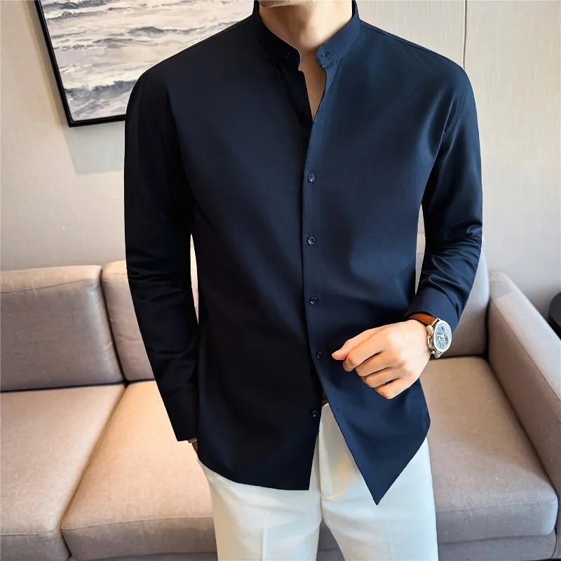 

2026 Linen Blend Stand Up Collar Long Sleeved Shirt for Men Thin Comfortable Shirt Versatile Casual,business Social,daily Shirts
