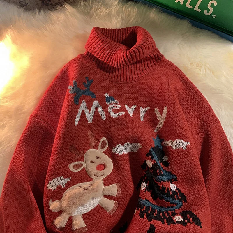 

Новинка 2025 года, красный новогодний мужской вязаный свитер с высоким воротником, свободный ленивый свитер в американском стиле ретро, весенний сезон, повседневная одежда