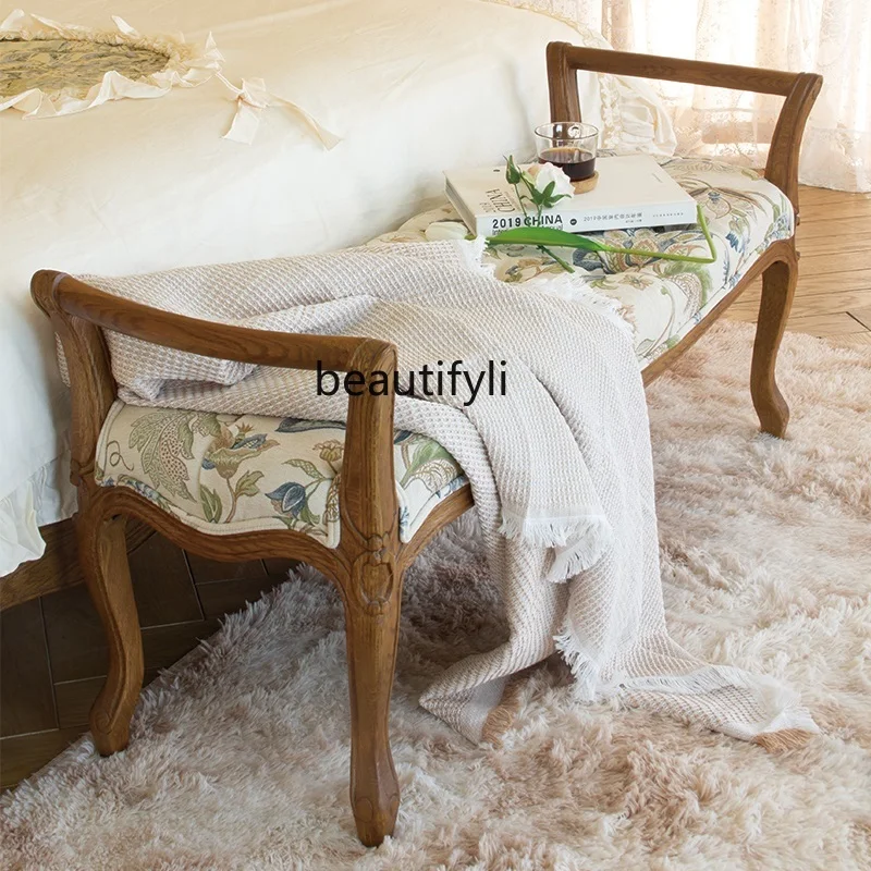 American fabric bedside stool retro pastoral solid wood carving pattern shoe changing stool bed and breakfast furniture