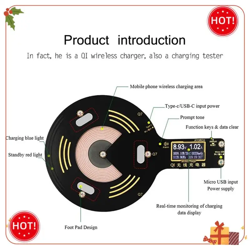 ABLE-Q7 جهاز اختبار شاحن لاسلكي 10 وات، شاحن لاسلكي سريع الشحن، مقياس جهد الشحن السريع