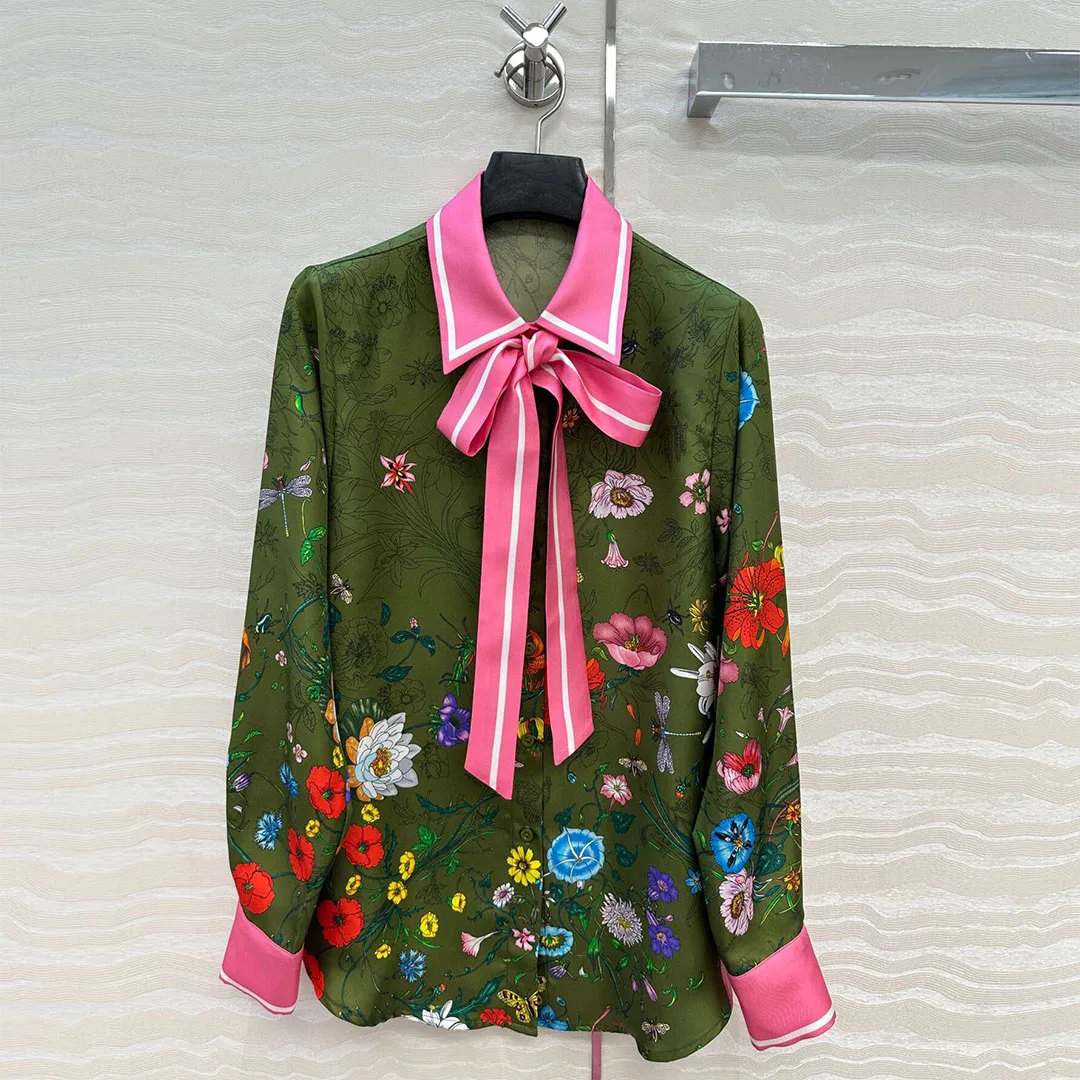 

Vintage Floral Print 100% Twill Silk Shirt Women Lapel Lace-up Bow Collar Long Sleeve Contrast Patchwork Sweet Loose Blouse Tops