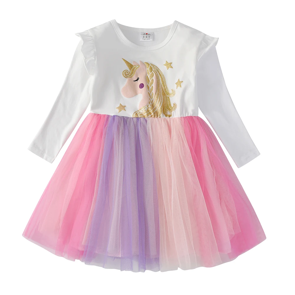 VIKITA Girl Unicorn Cartoon Print Dress Kids Flare Sleeve Autumn Spring Princess Dresses Girls Mesh Tulle Party Vestidos 3-8 Yrs