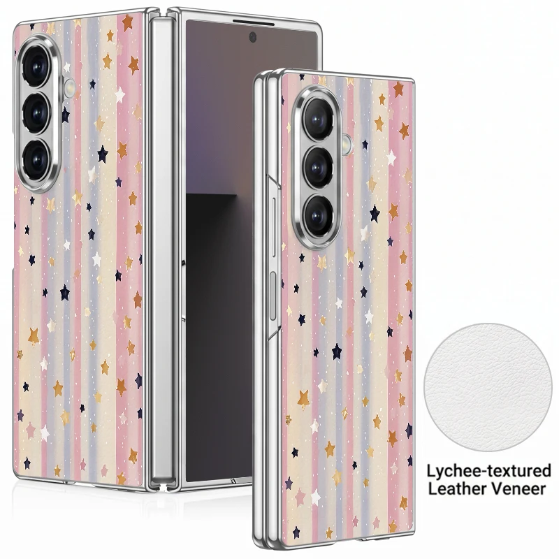 Simple Star Pattern PU Leather Phone Case For Samsung Galaxy Z Fold 7 6 5 Fold7 Fold6 Fold5 Plating Frame Hard PC Folding Cover