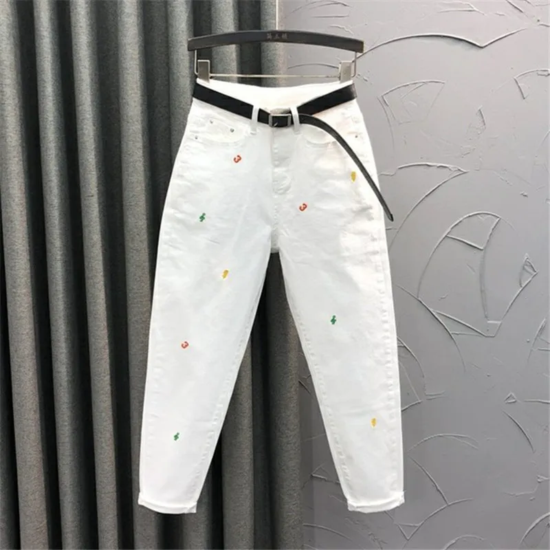 Casual White Jeans Women 2023 Spring Autumn Fashion Embroidery High Waist Denim Harem Pants Pocket Loose Stretch Jeans Female