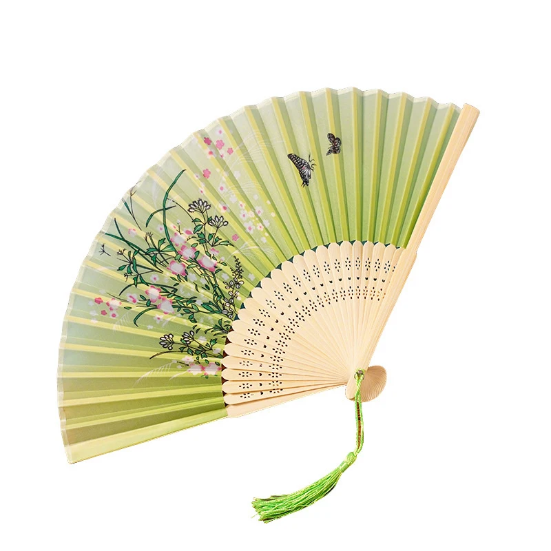 Éventail pliant vintage à imprimé exquis en bambou avec pompon, éventail de danse classique, décoration artisanale pour la maison, style chinois ancien