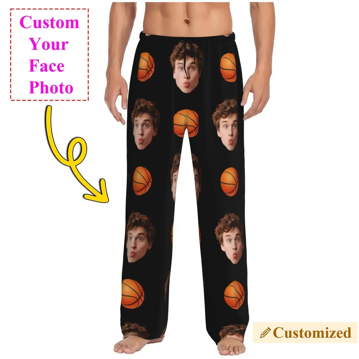 

Basketball Face Custom Pajama Pants Sleepwear Men Elastic Waistband Funny Photo Personalized Sleep Lounge Bottoms with Pockets