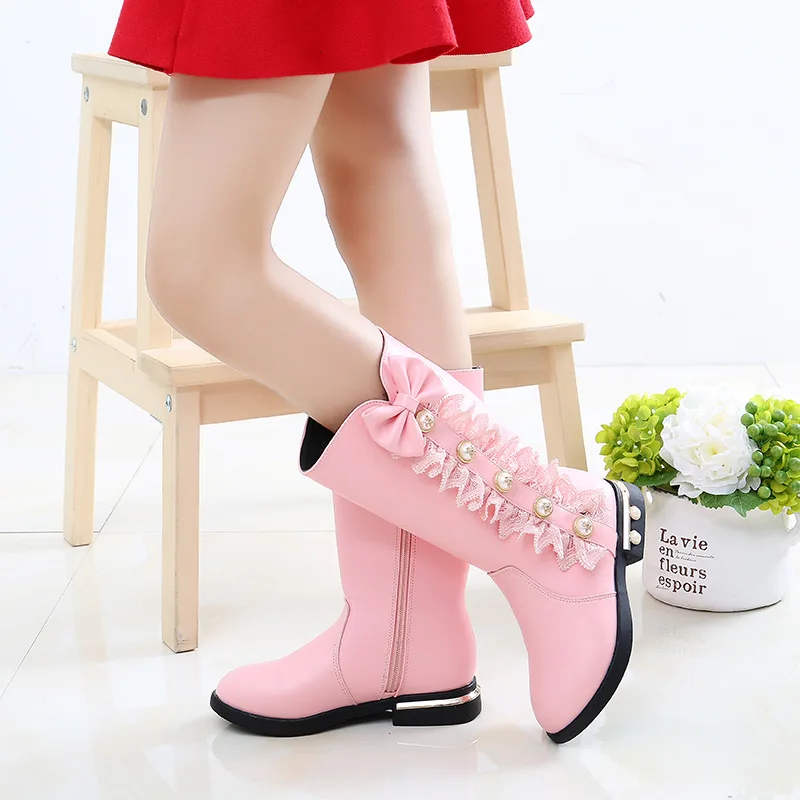 Girls Children Princess Shoes Pearl Lace Trimmed Sweet Boots Pure Color High Top Long Boots Low Heeled Studded Fashion Shoes