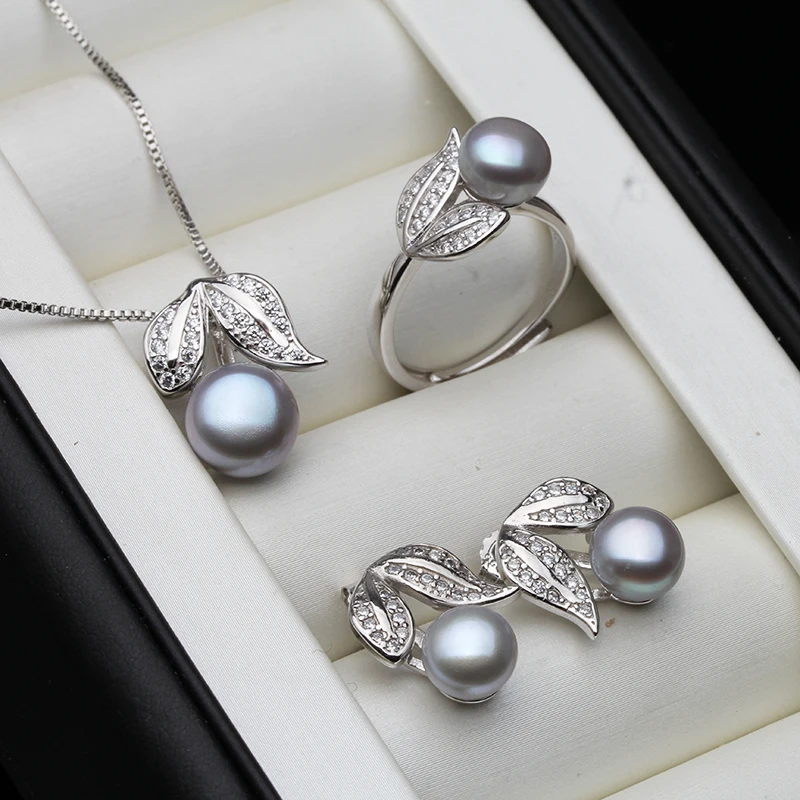 Real Pearl Necklace and Earrings For Women Natural Freshwater White Pearl Jewelry Set 925 Sterling Silver Jewelry Sets Gift