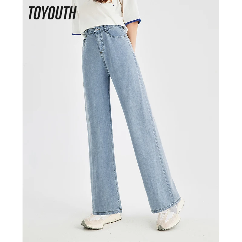 

Toyouth Women Casual Jeans 2023 Summer High Waist Straight Loose Wide Leg Pants Fashion Versatile Light Blue Trousers