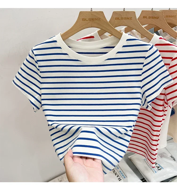 Gestreiftes Kurzarm-Damen-T-Shirt 2026 Sommer Neuheit Baumwolle Lässig Vielseitig Schlanke Passform Modische Oberteile Farbblock-Shirt – Detail 1