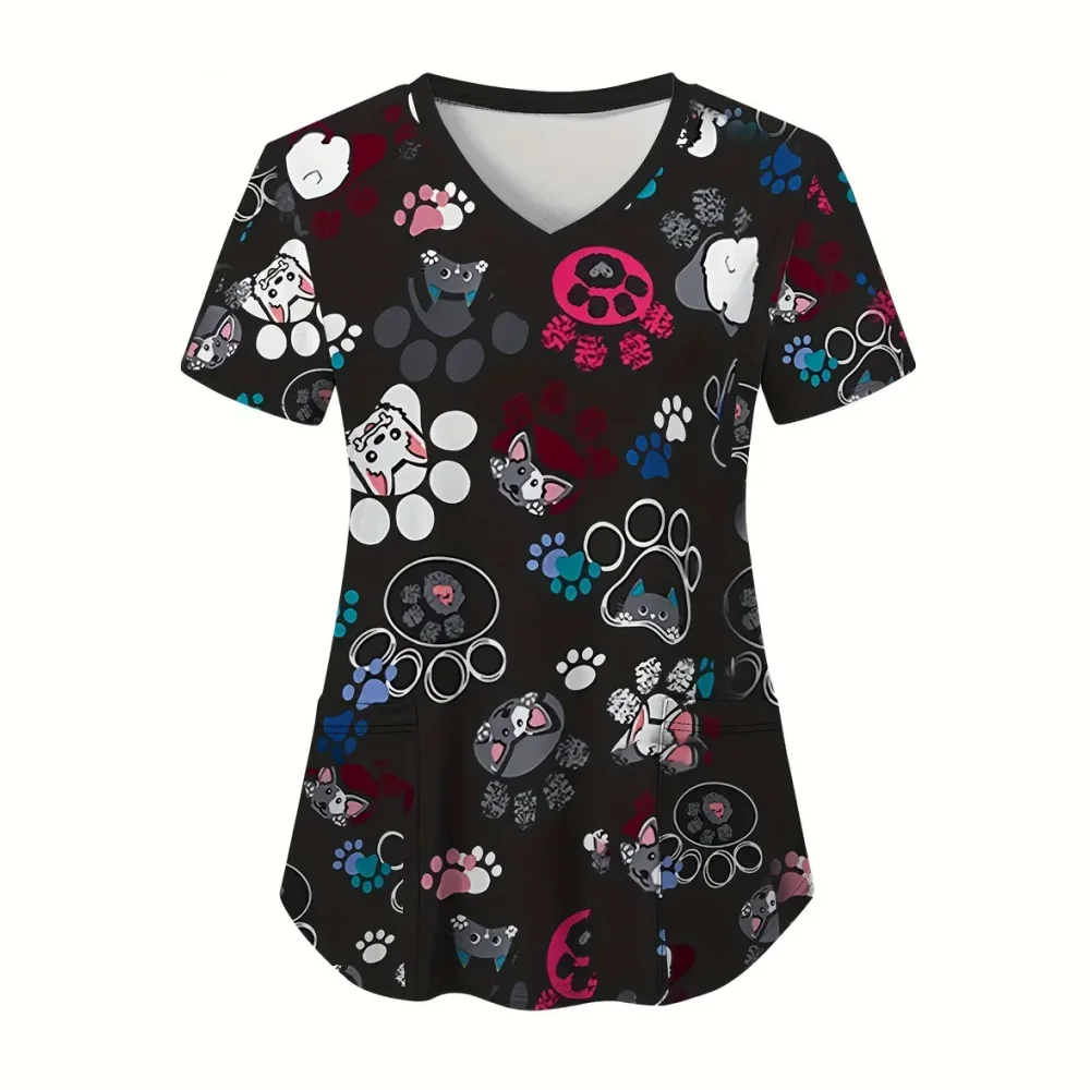 Scrub Donna medica Simpatico animale Cartoon Modello Microelastico Scollo a V Veterinario Spa Infermieristica Maniche corte Top Uniformi mediche da donna