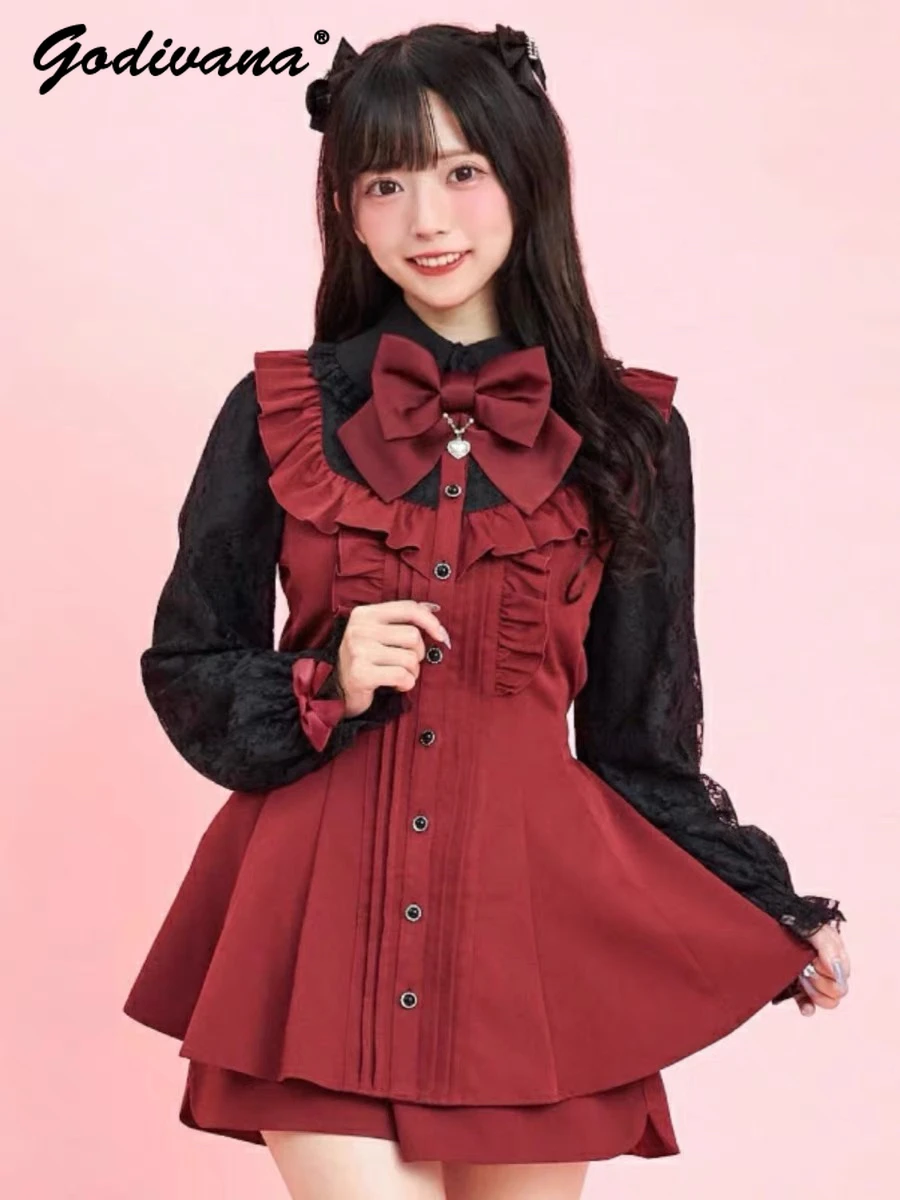 Japanese SC Shorts Set New Autumn Chain Bow Lace Splicing Long Sleeve Dress Tops and Shorts Lolita Female Girls Two-piece Suits