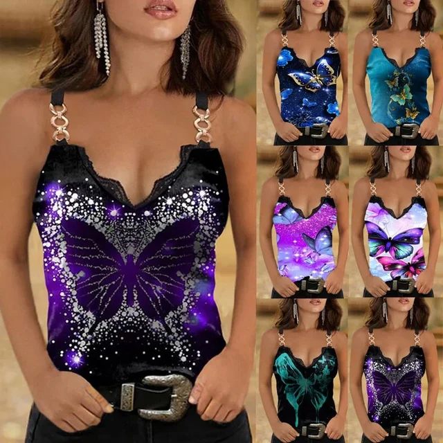 Y2K Clothes 2023 Letnie ubrania damskie Casual New Fashion Suspender Bez rękawów Luźny dekolt w szpic Seksowny nadruk motyla Tank Top
