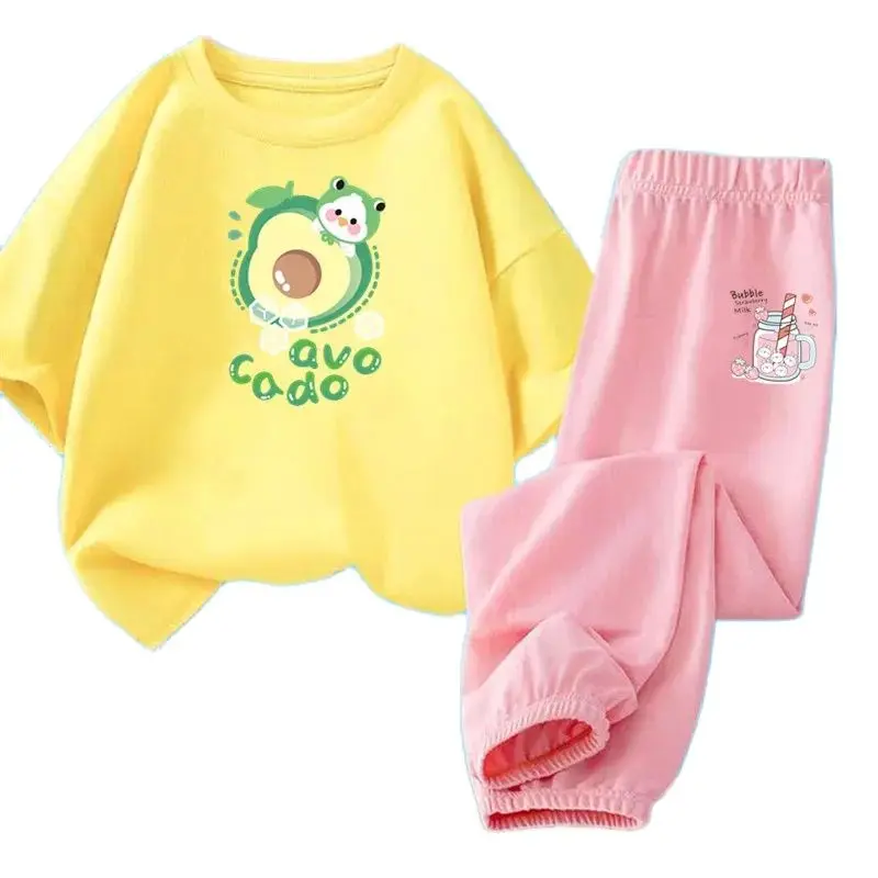 2024 Summer Kids Outfits Girls Fruit Avocado t-shirt+ anti-mosquito pants 2pcs Set Children Cartoon Tracksuits