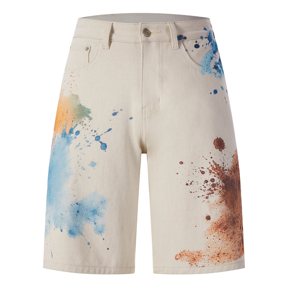 

Men's Tie-Dye Denim Shorts Vintage Washed Splatter Paint Bermuda Jorts Artsy Graphic Knee-Length Jeans Summer Streetwear Fashion