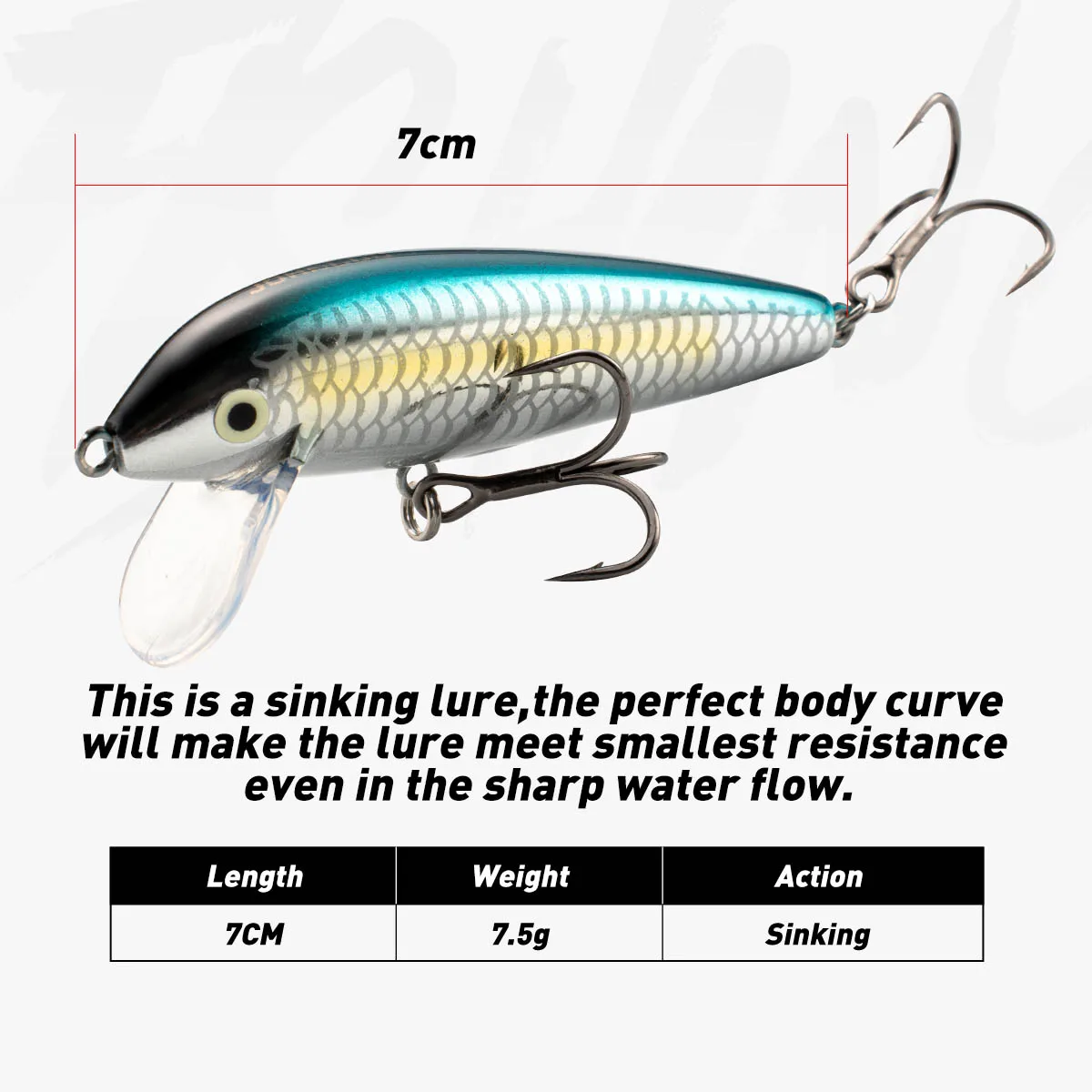 JOHNCOO Sinking Minnow Fishing Lure 7cm 7.5g Artificial Trout Lure Stream Lake Jerkbait Rockfishing Hard Baits