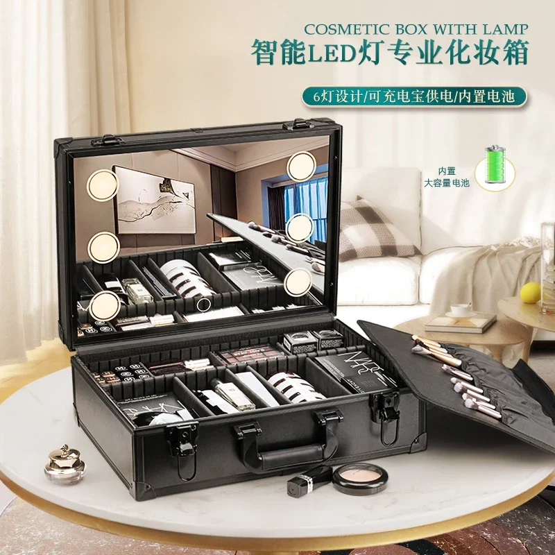 Makeup Embroidery Bride and Makeup Master with Lamp Mirror Large Capacity Professional Portable Portable Storage Toolbox