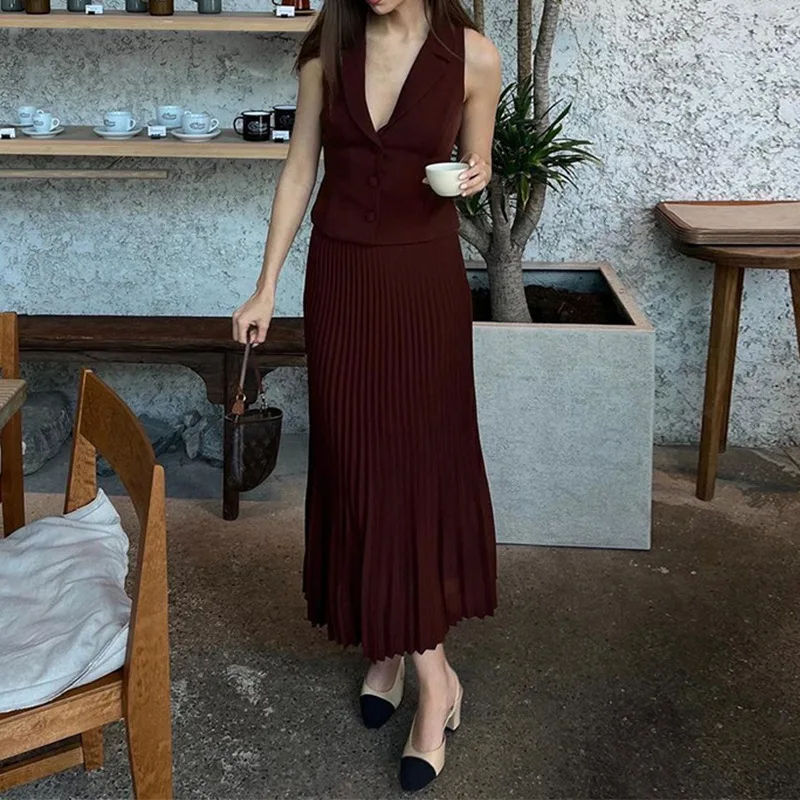 New in Matching Pleated Skirt Suit For Women\'s Elegant Slim Sleeveless Long Dress Fashion Two Pieces Set Plus Size Outfit Sets