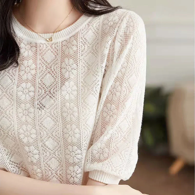 Summer Sexy Hollow Out Elegant Knitted Chic Pullover Loose Top Female Casual Solid Half Sleeve All-match Basic Tee T Shirt Women