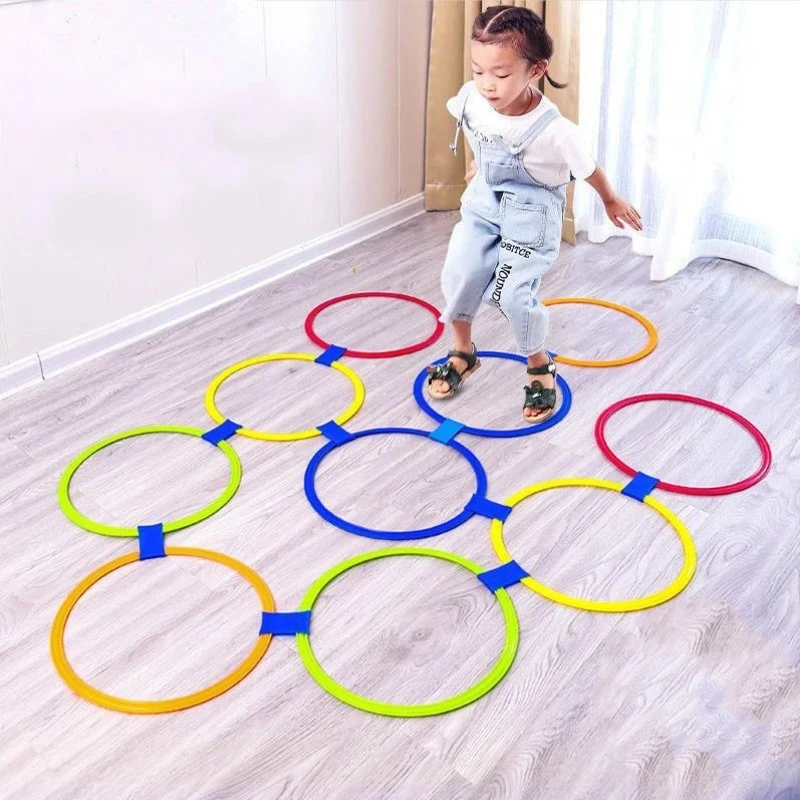 10 buah permainan menyenangkan luar ruangan cincin lompat taman kanak-kanak mainan mengajar olahraga Hopscotch lompat ke Grid peralatan pelatihan sensorik anak-anak